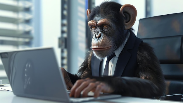 Foto chimpansees in een zakelijk pak die aan een laptop werkt de chimpansees draagt een stropdas en een pakjas en zit in een kantoorstoel