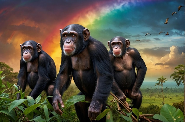 Chimpansees troep met regenbooghemel