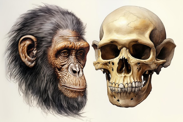 Foto chimpanseeschedel en menselijke schedel 3d-illustratie