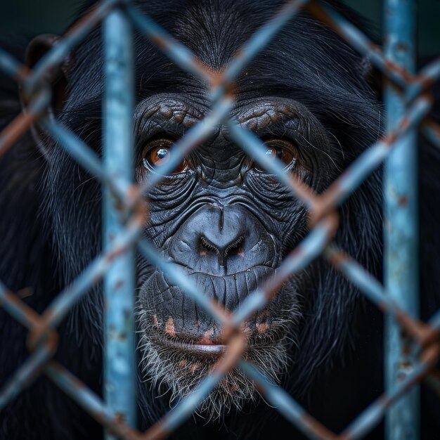 Photo chimpanzee behind bars looking directly at the camera