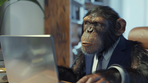 Foto uno scimpanzé in abito da lavoro e cravatta è seduto a una scrivania in un ufficio a guardare un portatile