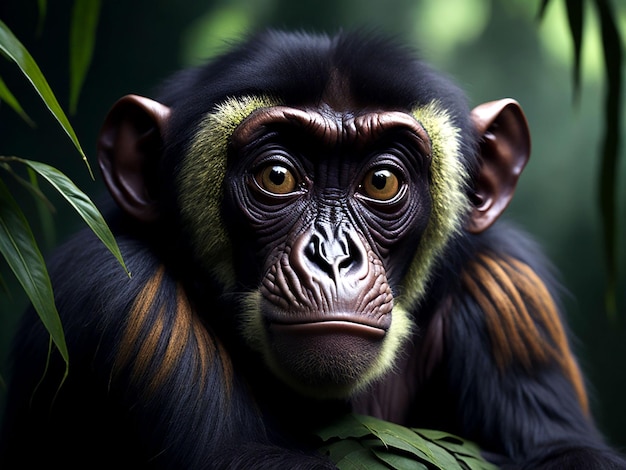 Chimpanzee close up view on jungle background
