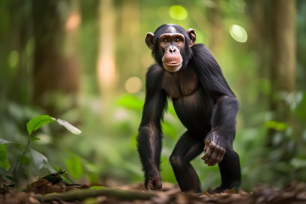 A chimpanzee in a jungle with a green background