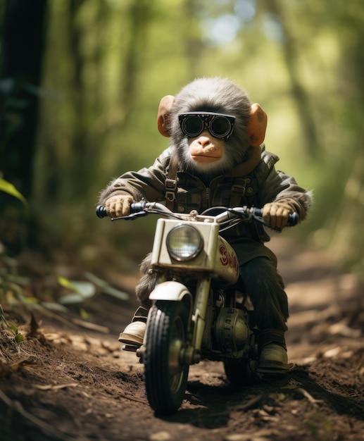 a chimpanzee on a minibike riding through a forest