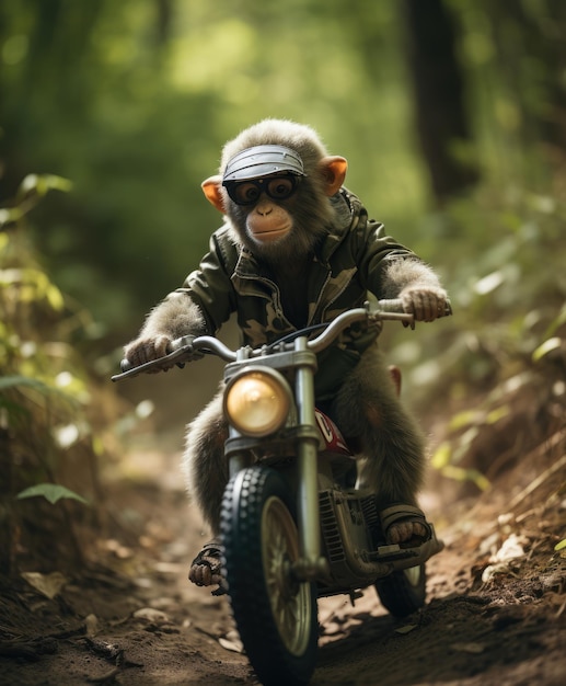 a chimpanzee on a minibike riding through a forest