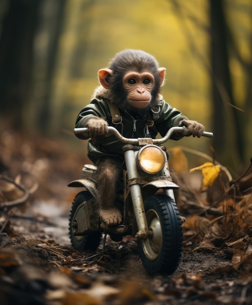 a chimpanzee on a minibike riding through a forest