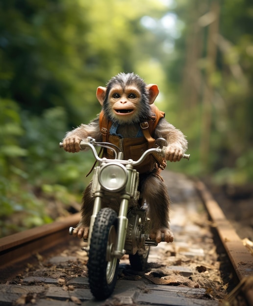 a chimpanzee on a minibike riding through a forest