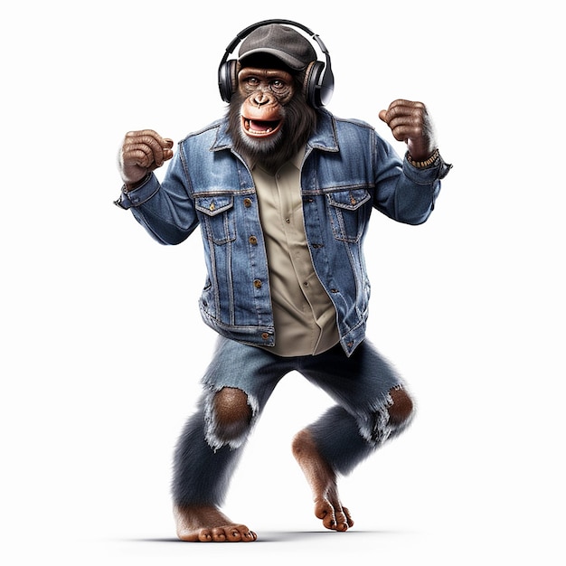 Chimpanzee monkey animal using headphone singing and dancing illustration