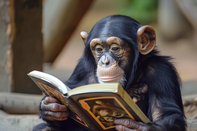 Foto una scimmia scimpanzé che tiene un libro fuori in natura