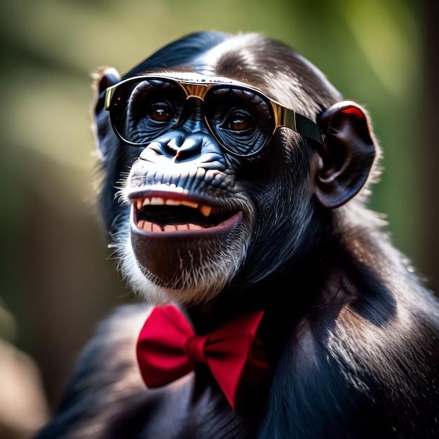 A chimpanzee monkey with glasses and a red bow tie