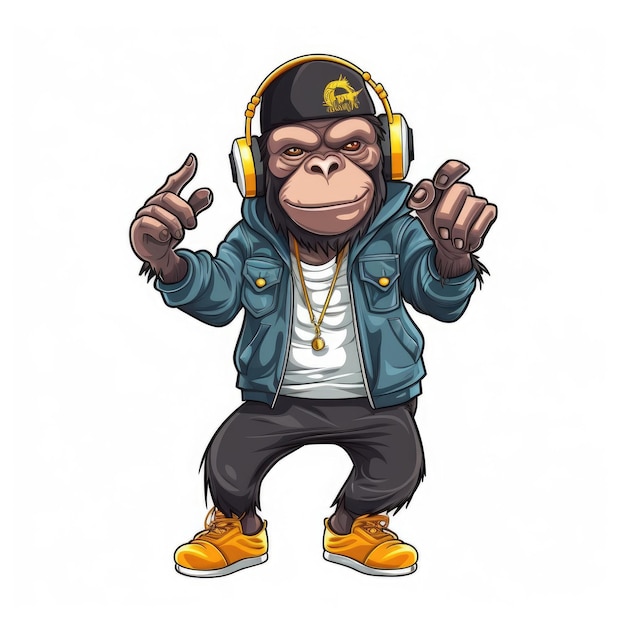 Chimpanzee Rapper Wearing a Cartoon Outfit with a Big Smile on Plain White Background