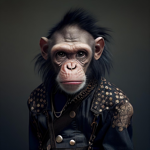chimpanzee in rock punk black metal rockstar chain leather outfit