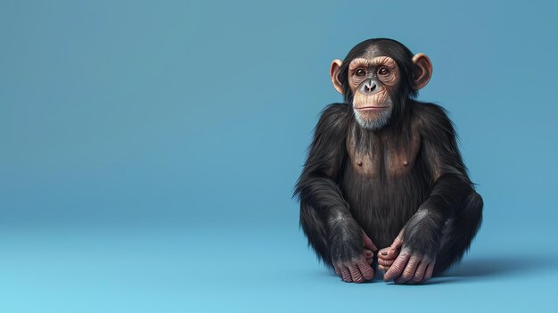 Photo a chimpanzee sits on a blue background the chimpanzee is looking at the camera with a curious expression