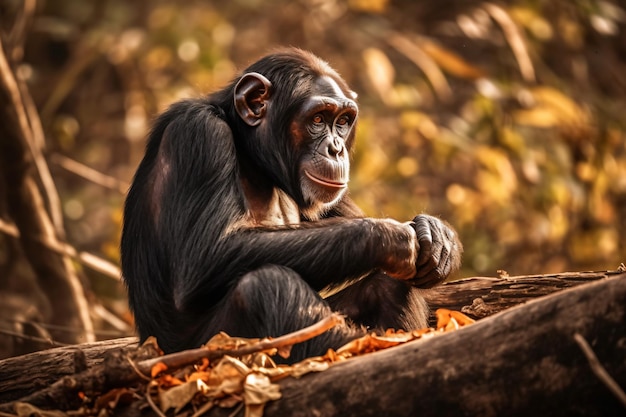 침팬지가 숲의 통나무에 앉아 있습니다.