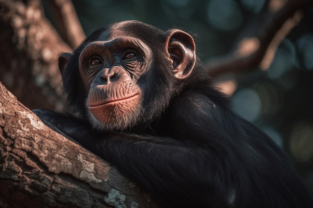 A chimpanzee sits on a tree branch in a forest.