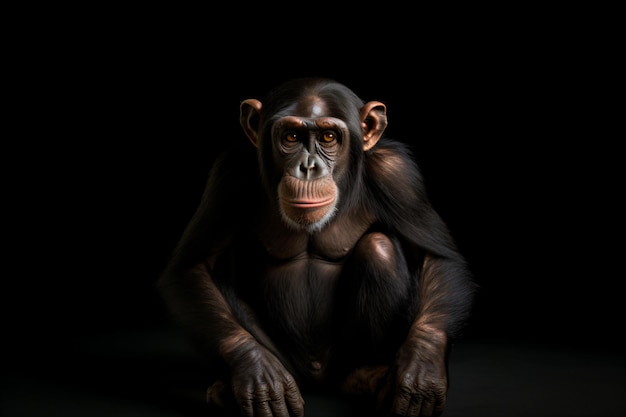 a chimpanzee sitting on a black surface