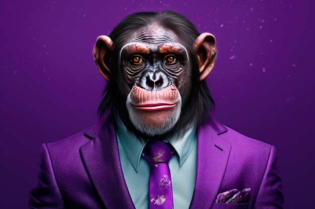 A chimpanzee turned human dressed in a suit and tie poses on a purple background generative ai