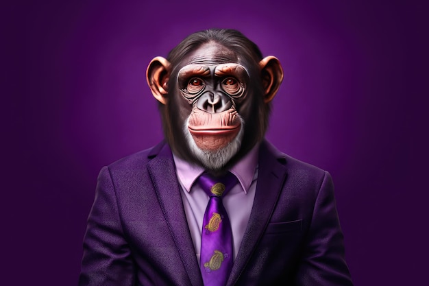 A chimpanzee turned human dressed in a suit and tie poses on a purple background generative ai