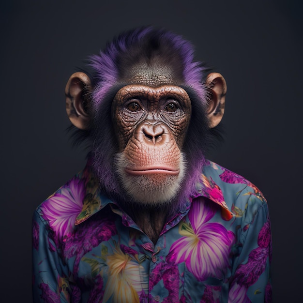 Vaporwave ハワイアン デザイナー シャツを着たチンパンジー Vaporwave サル ジェネレーティブ ai