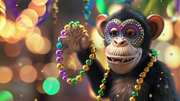 A chimpanzee wearing a colorful mask and Mardi Gras beads is holding a strand of beads in its hand