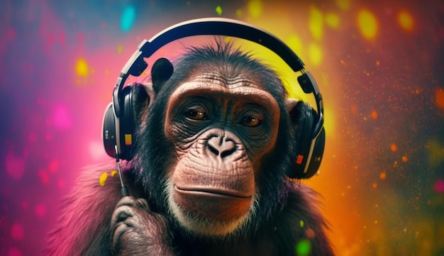 Chimpanzee Wearing Headphones and Listening to Music on a Colorful Background Generative AI