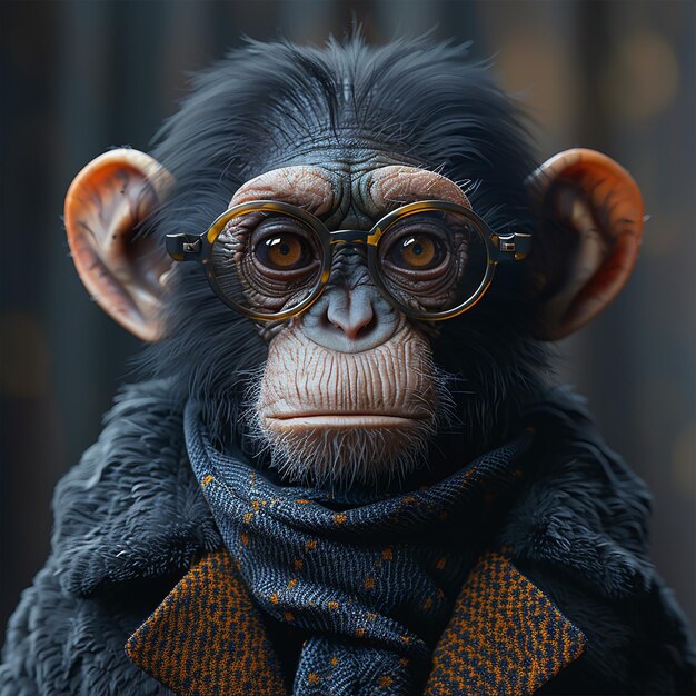 a chimpanzee wearing a scarf and glasses