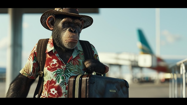 a chimpanzee wearing a tourist shirt and hat carrying a large suitcase airport Generative Ai