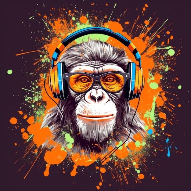 A chimpanzee with headphones on