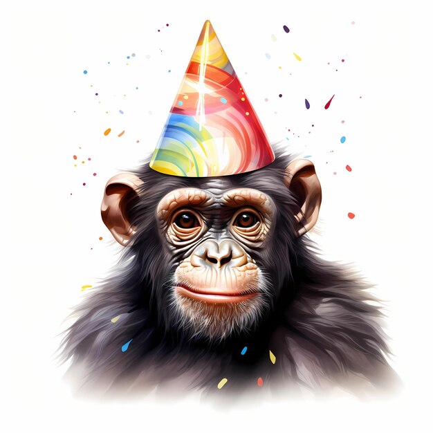 チンパンジーとパーティー帽子 猿 誕生日の帽子 クリップアート 水彩イラスト ジェネレーティブAI