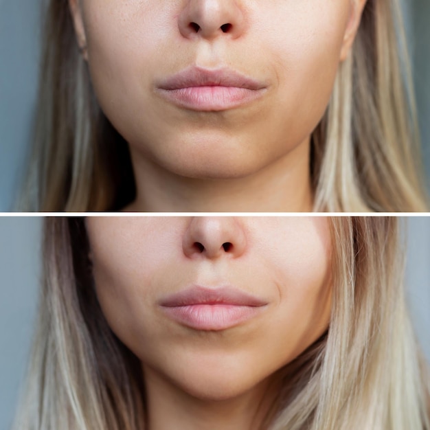 Photo chin reduction with fillers. woman's face with jaws and chin before and after mentoplasty surgery