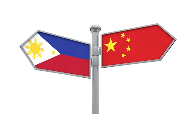 다른 방향으로 움직이는 중국과 필리핀 국기 기호 3d 렌더링
