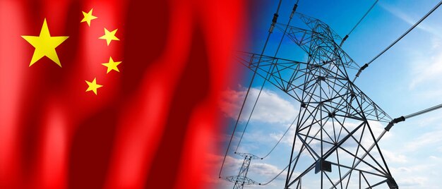 China country flag and electricity pylons 3D illustration