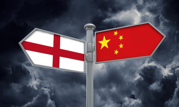 China en Engeland vlag teken bewegen in verschillende richting 3D-rendering