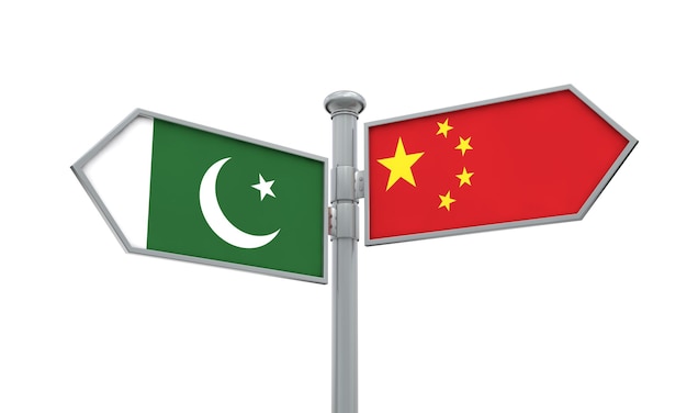 China en Pakistan vlag teken bewegen in verschillende richting 3D-rendering