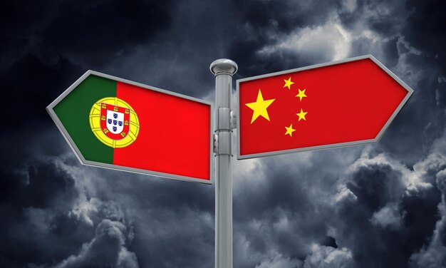 China en Portugal vlag teken bewegen in verschillende richting 3D-rendering
