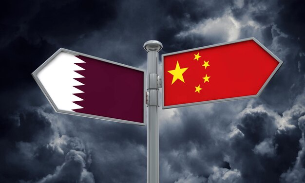 China en Qatar vlag teken bewegen in verschillende richting 3D-rendering