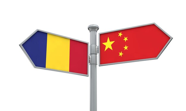 China en Roemenië vlag teken bewegen in verschillende richting 3D-rendering