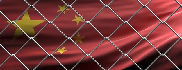 Фото Флаг китая за забором из стальной сетки, карантин, пандемия коронавируса, 3d иллюстрация