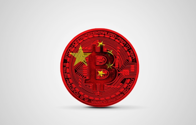 China flag on a bitcoin cryptocurrency coin d rendering