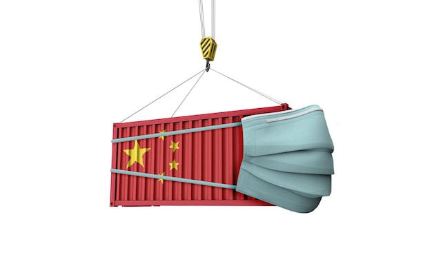 보호 마스크 d 렌더링이 있는 중국 국기 화물 선적 컨테이너