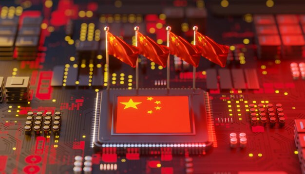 Photo china flag on chipset for semiconductor industry 3d rendering