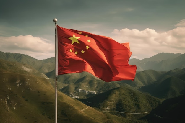 China flag flying in the mountain sky