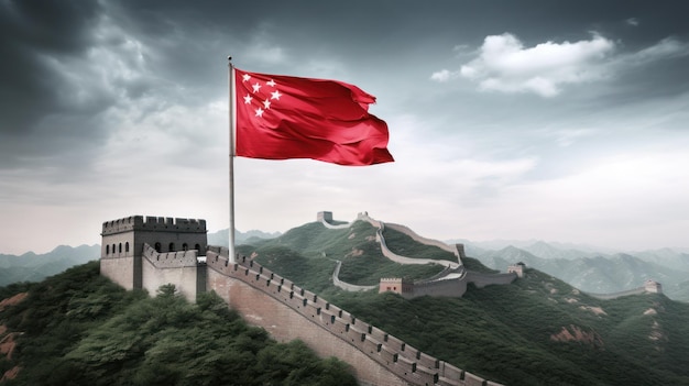 China flag on the great Wall of China landscape