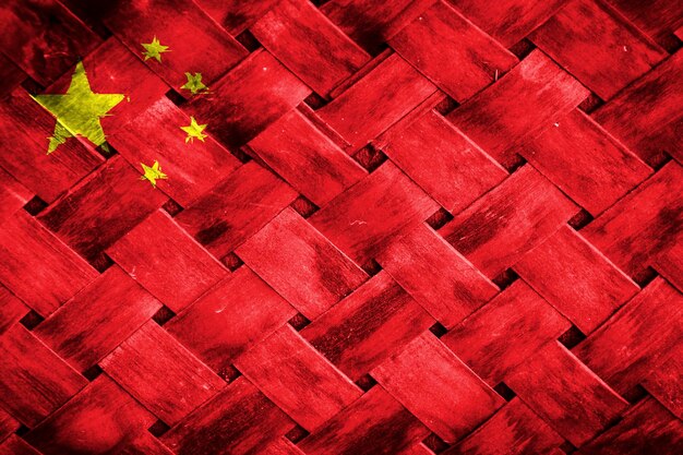 china flag screen on wicker wood background