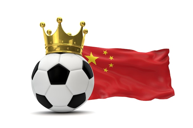 China flag and soccer ball with gold crown 3D Rendering