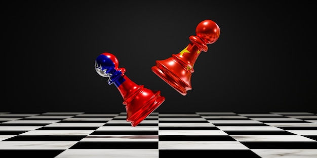 China flag and Taiwan flag print screen on pawn chess for fighting on chess board , China and Taiwan conflict crisis concept.