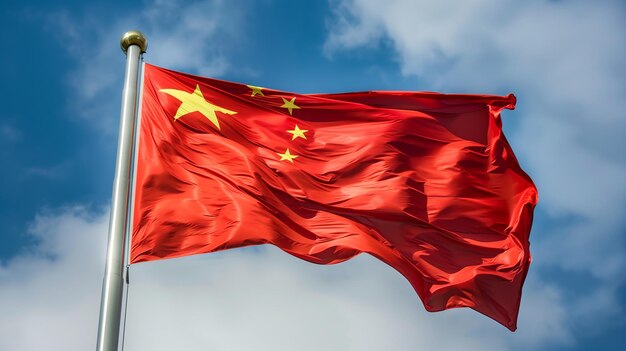 Photo china flag waving in the wind on blue sky background