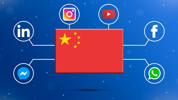 Foto bandiera della cina con loghi dei social media 3d