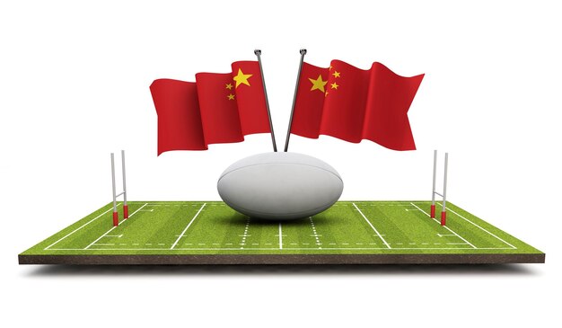 China flags with a rugby ball and pitch 3D Rendering