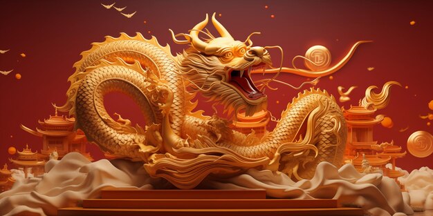 China gold dragon on red background